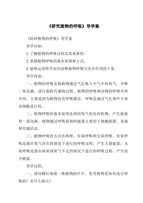 《研究植物的呼吸导学案-2023-2024学年科学浙教版2013》