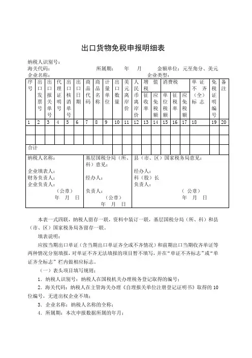出口货物免税申报明细表