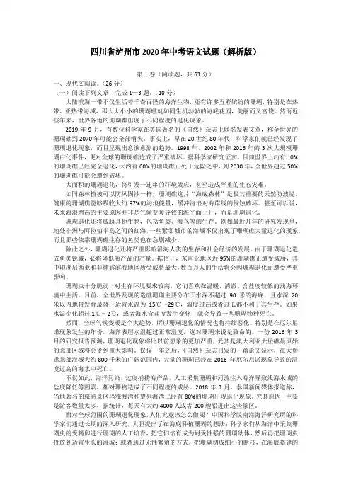 四川省泸州市2020年中考语文试题(解析版)