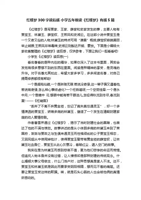 红楼梦300字读后感小学五年级读《红楼梦》有感5篇
