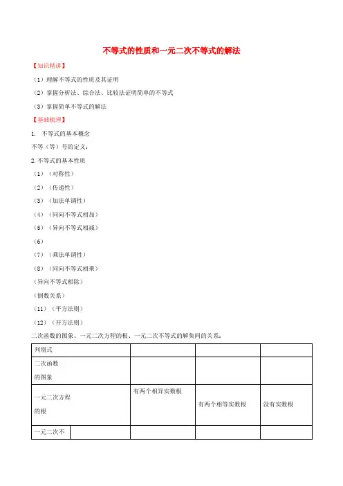 高中数学 第三章 不等式的性质和一元二次不等式的解法知识梳理素材 北师大版必修5
