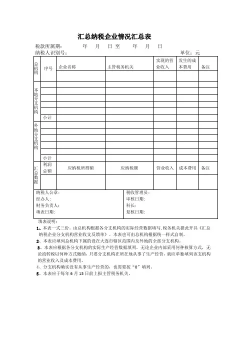 企业所得税汇总纳税企业情况汇总表