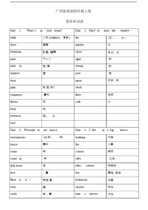 广州版英语四年级上册单词表格.doc