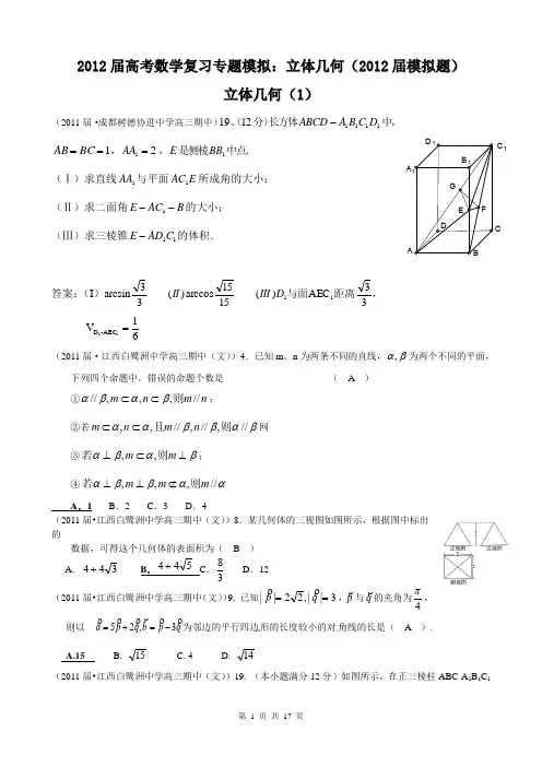 2011届高考数学复习专题模拟：立体几何