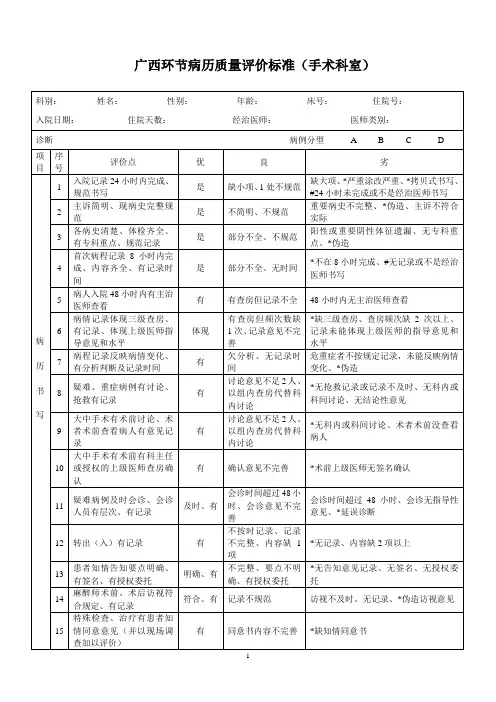 广西病历环节质量评价标准(手术科室用)