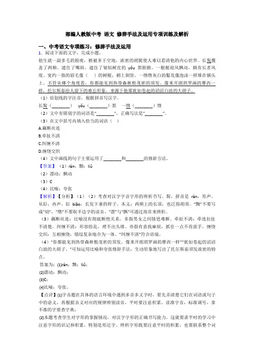 部编人教版中考 语文 修辞手法及运用专项训练及解析