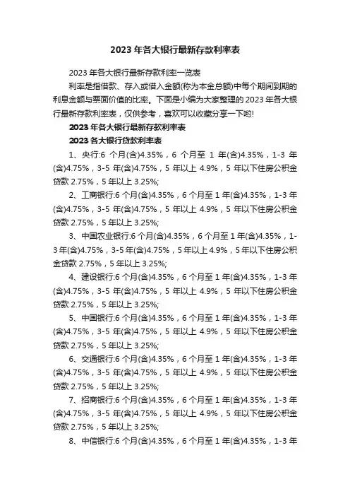 2023年各大银行最新存款利率表