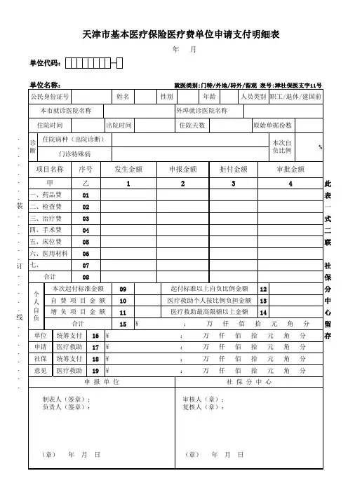 天津市基本医疗保险医疗费单位申请支付明细表