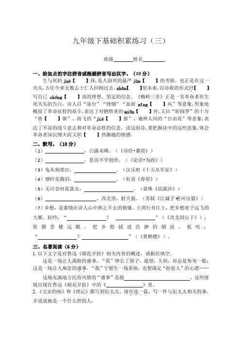 九年级下语文基础积累练习和答案(三)