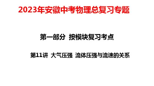 2023年安徽中考物理总复习专题： 第11讲 大气压强 流体压强与流速的关系
