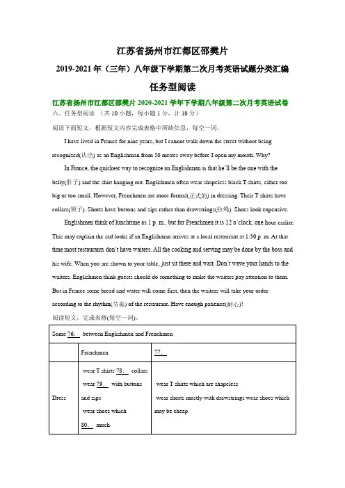 江苏省扬州市江都区邵樊片2019-2021年(三年)八年级下第二次月考英语试题分类汇编：任务型阅读