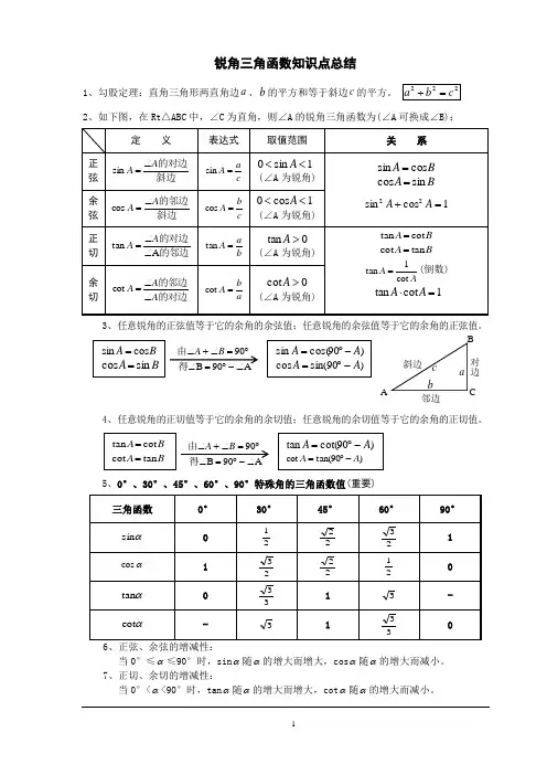 初中三角函数知识点总结及中考真题讲解