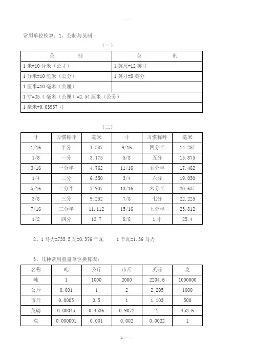 电气常用单位换算