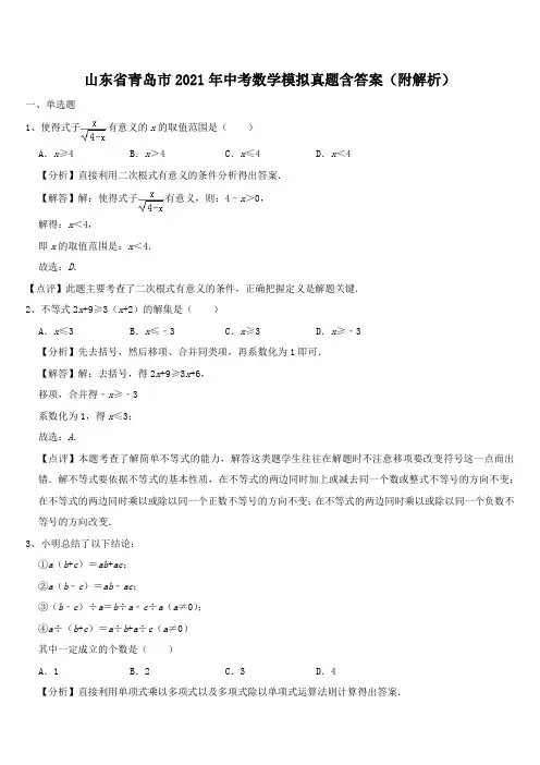 山东省青岛市2021年中考数学模拟真题含答案(附解析)