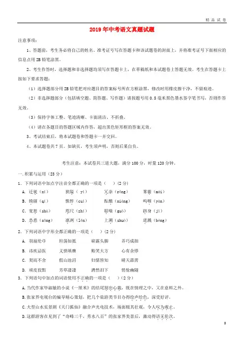 2019年中考语文真题试题(含答案)