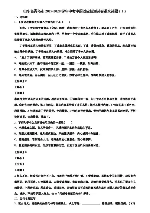 山东省青岛市2019-2020学年中考中招适应性测试卷语文试题(1)含解析