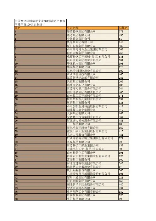 中国2012年制造业企业500强净资产利润率排序前100名企业统计
