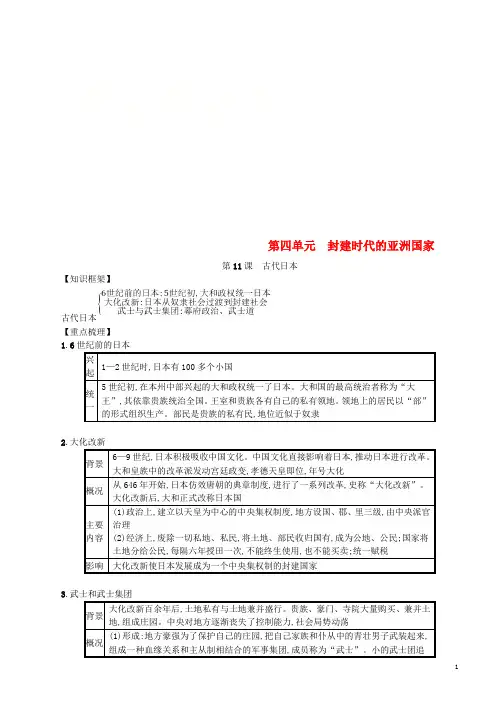 九年级历史上册第四单元封建时代的亚洲国家第11课古代日本速记宝典知识点总结新人教版