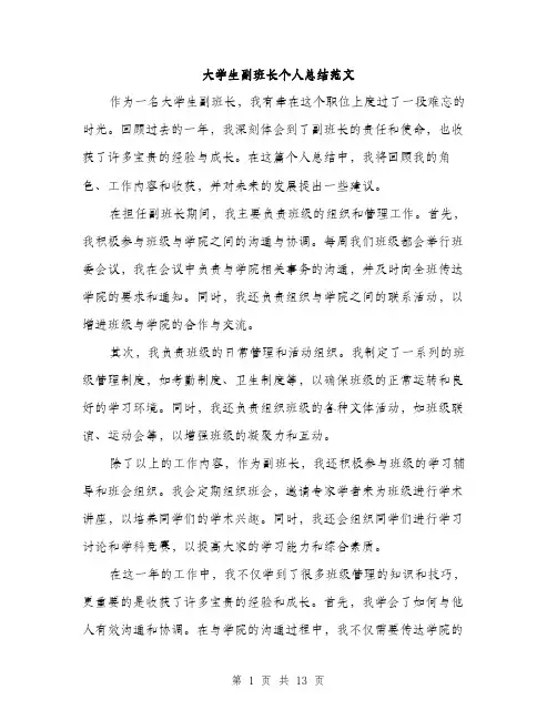 大学生副班长个人总结范文（5篇）