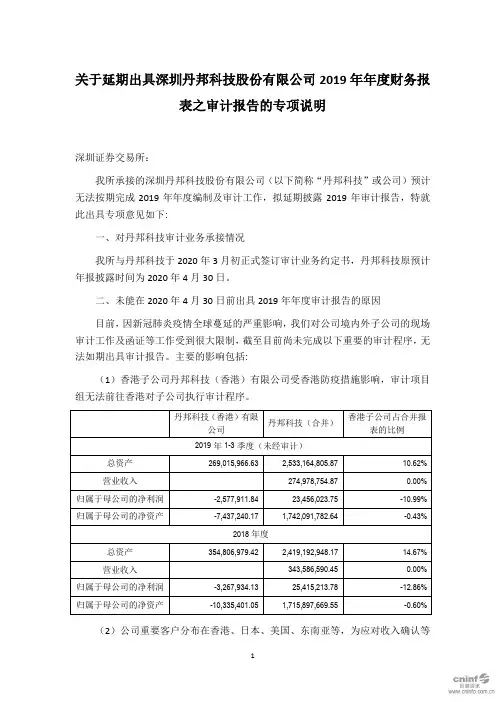 丹邦科技：关于延期出具公司2019年年度财务报表之审计报告的专项说明
