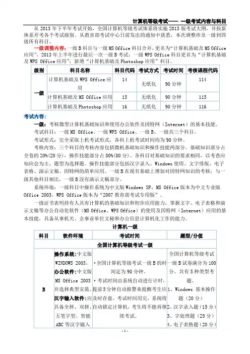 2014年计算机等级考试(一级)考试科目与内容