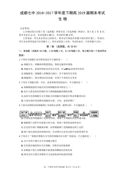 四川省成都市第七中学2016-2017学年高一下学期期末考试生物试题(word版)