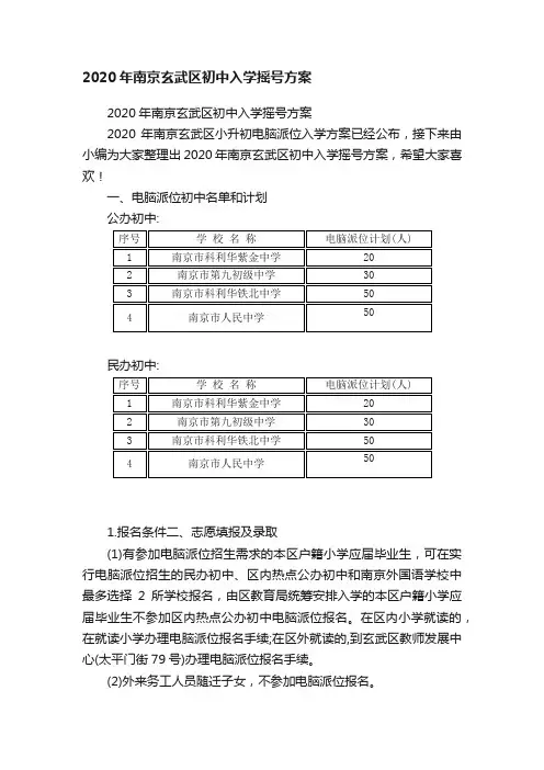 2020年南京玄武区初中入学摇号方案