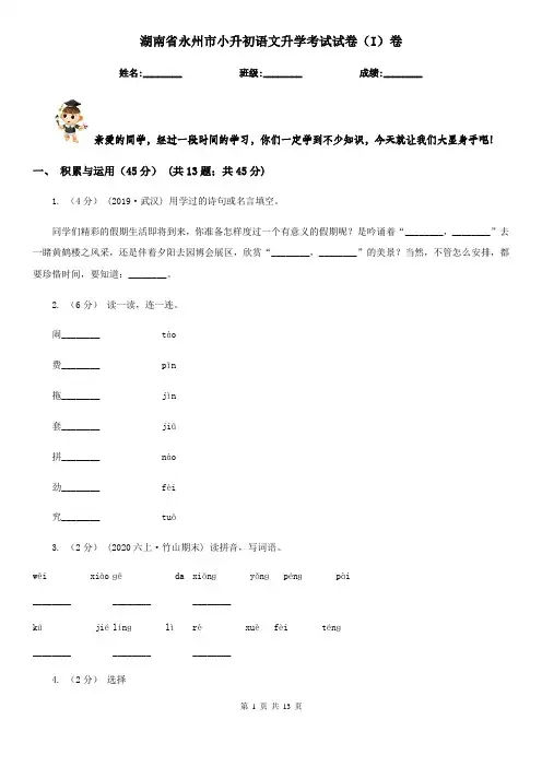 湖南省永州市小升初语文升学考试试卷(I)卷