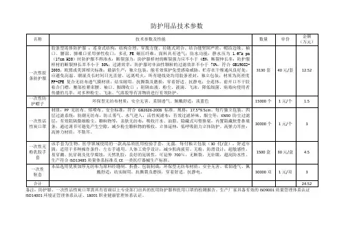 防护用品技术参数