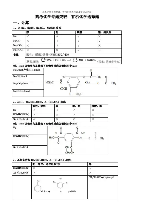 高考化学专题突破：有机化学选择题及知识点总结