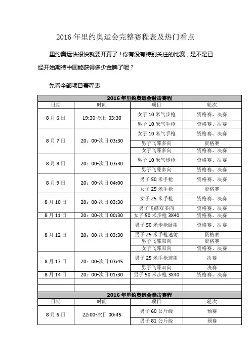 2016年里约奥运会完整赛程表及热门看点