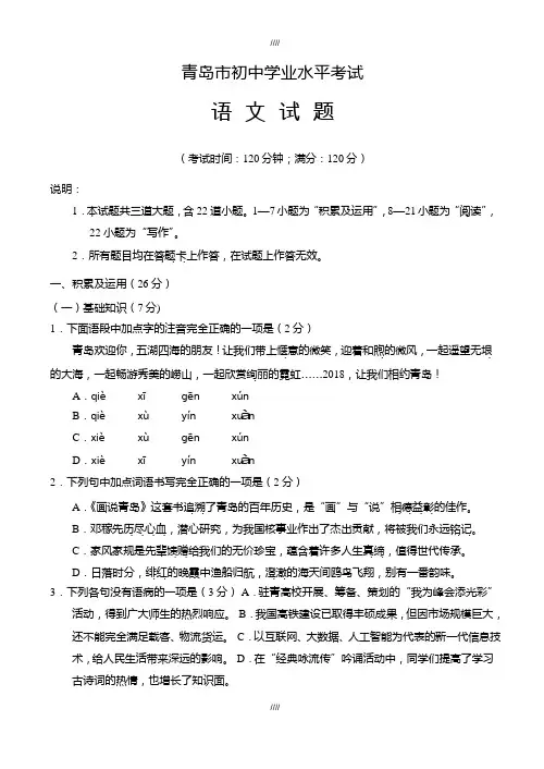 2020届山东省青岛市中考语文模拟试题(加精)