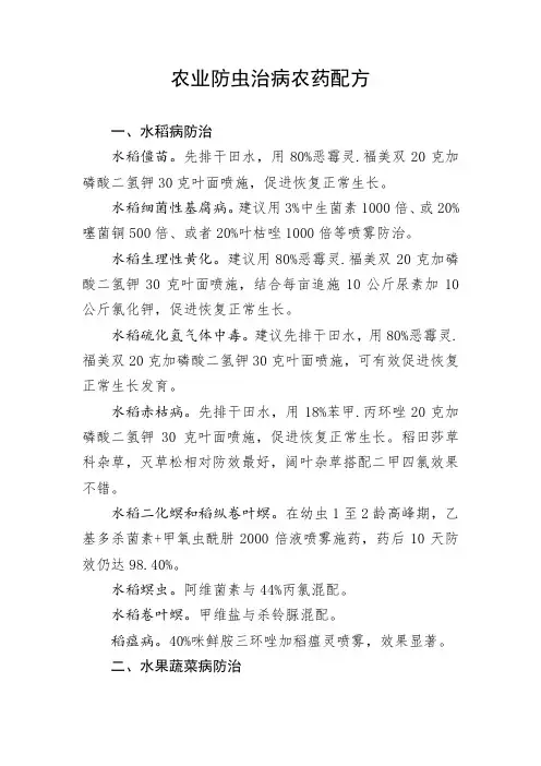 农业病虫害防治经典农药配方
