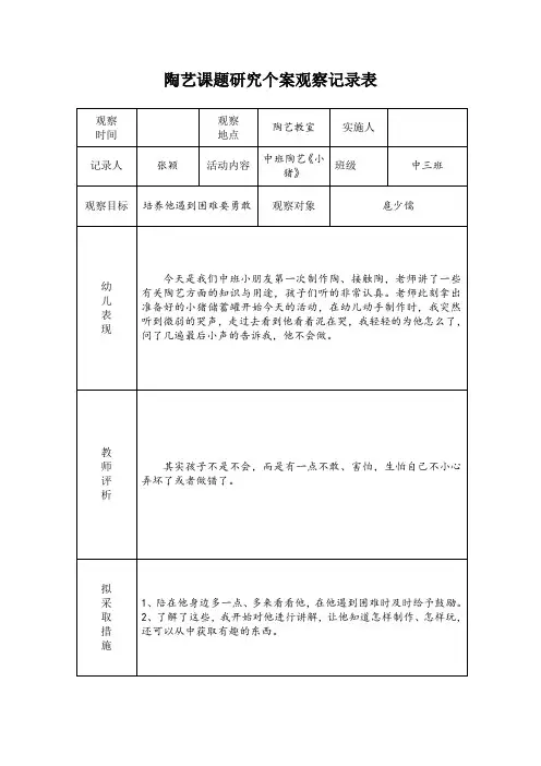 陶艺课题研究个案观察记录表