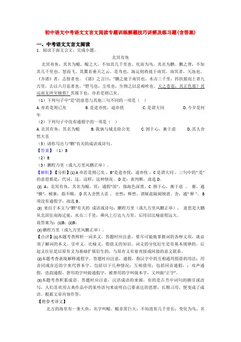 初中语文中考语文文言文阅读专题训练解题技巧讲解及练习题(含答案)