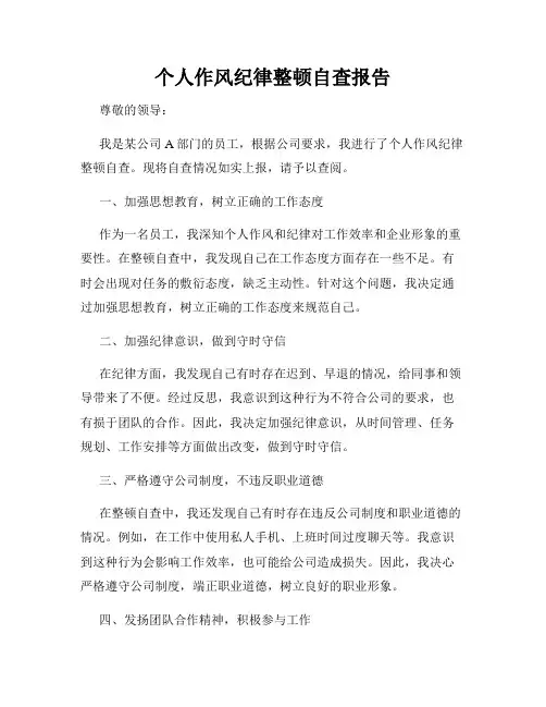 个人作风纪律整顿自查报告