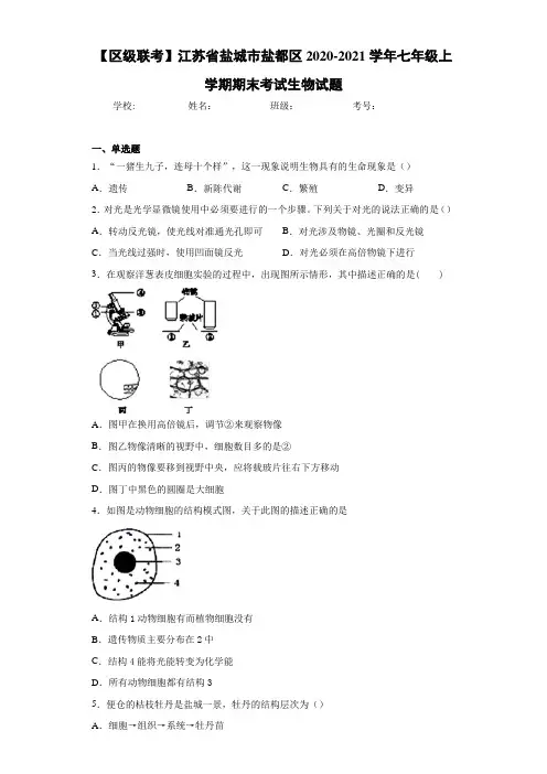 【区级联考】江苏省盐城市盐都区2020-2021学年七年级上学期期末考试生物试题 (1)