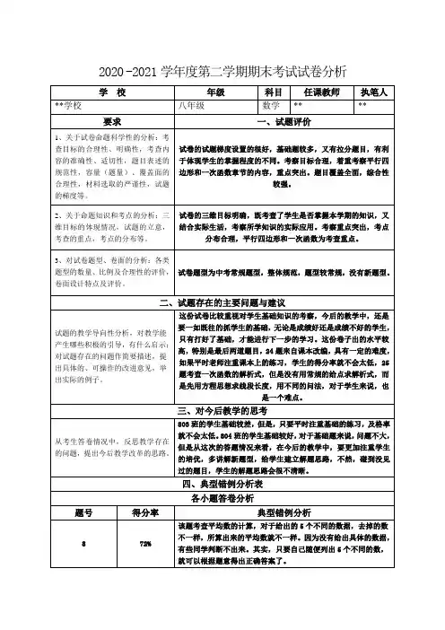 八年级数学下册期末教学质量检测试卷分析