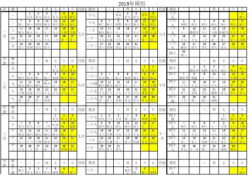 2019年周历(带农历和A4纸打印)