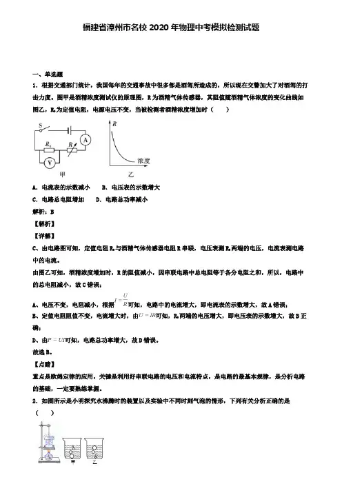福建省漳州市名校2020年物理中考模拟检测试题(含答案有解析)