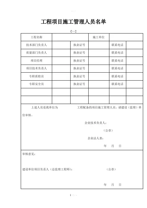 工程项目施工管理人员名单表