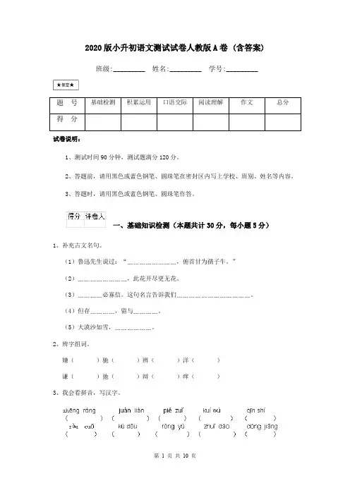 2020版小升初语文测试试卷人教版A卷 (含答案)