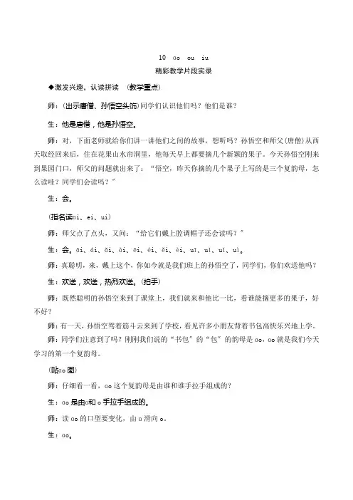 人教统编版小学语文一年级上册汉语拼音10《ao ou iu》教学实录