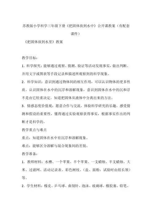 苏教版小学科学三年级下册《把固体放到水中》公开课教案(有配套课件)