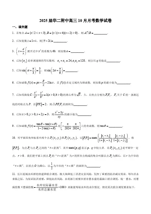 上海市华东师范大学第二附属中学2024-2025学年高三上学期10月月考数学试题(含解析)