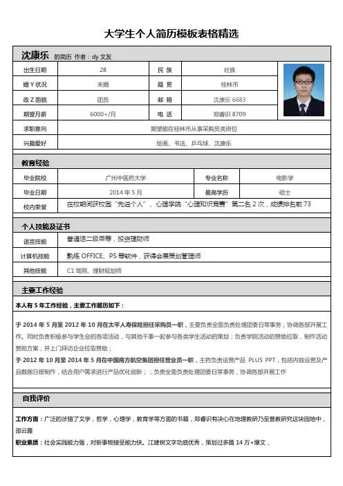 大学生个人简历模板表格精选
