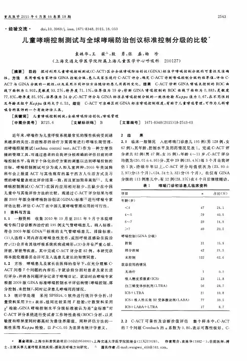 儿童哮喘控制测试与全球哮喘防治创议标准控制分级的比较