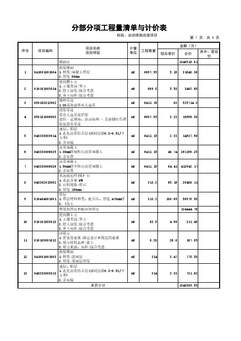 预算书：学校运动场地改造项目报价