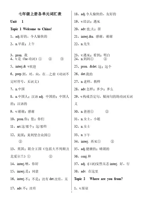 仁爱英语七年级上册期末复习单词附词性