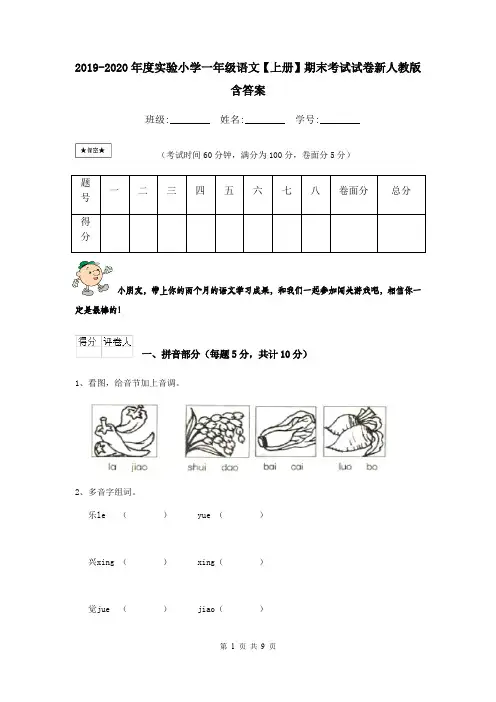 2019-2020年度实验小学一年级语文【上册】期末考试试卷新人教版 含答案